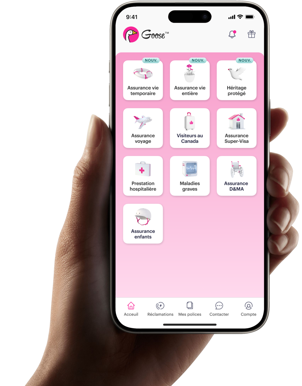 Aperçu de l'application Goose Assurance.
